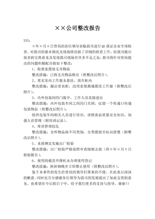 xx公司整改报告模板