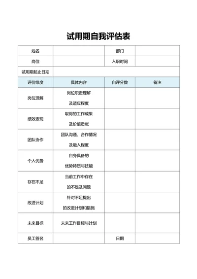 试用期自我评估表