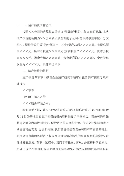 清产核资专项审计报告企业清产核资专项审计报告