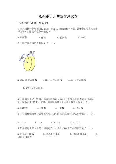 沧州市小升初数学测试卷学生专用