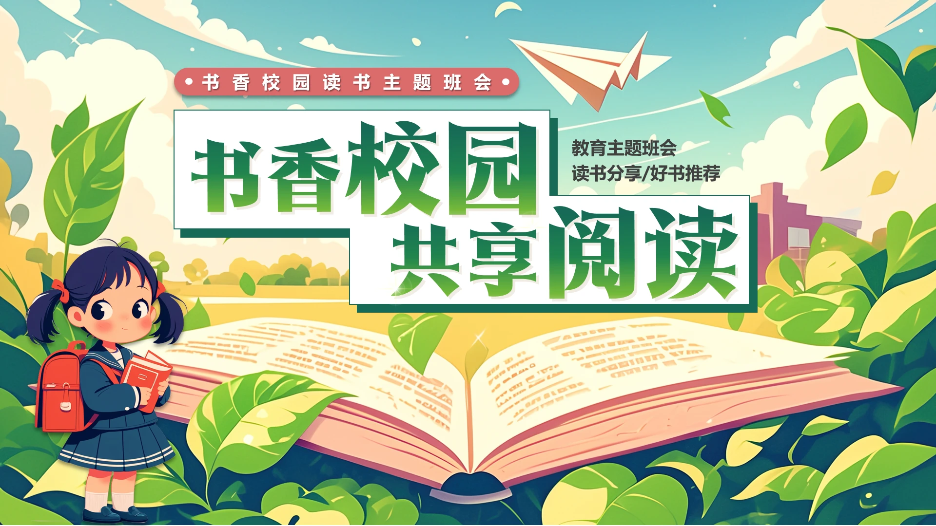 绿色卡通小学生书香校园读书阅读主题班会PPT模版