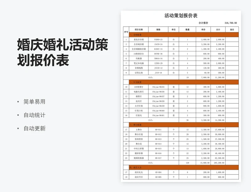 婚庆婚礼活动策划报价表