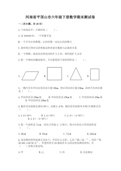 河南省平顶山市六年级下册数学期末测试卷含答案（预热题）.docx