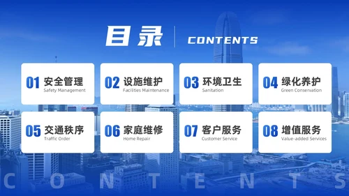 蓝色简约商务实拍风物业管理品质提升策划书PPT模版员工培训