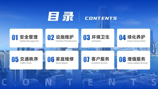 蓝色简约商务实拍风物业管理品质提升策划书PPT模版员工培训