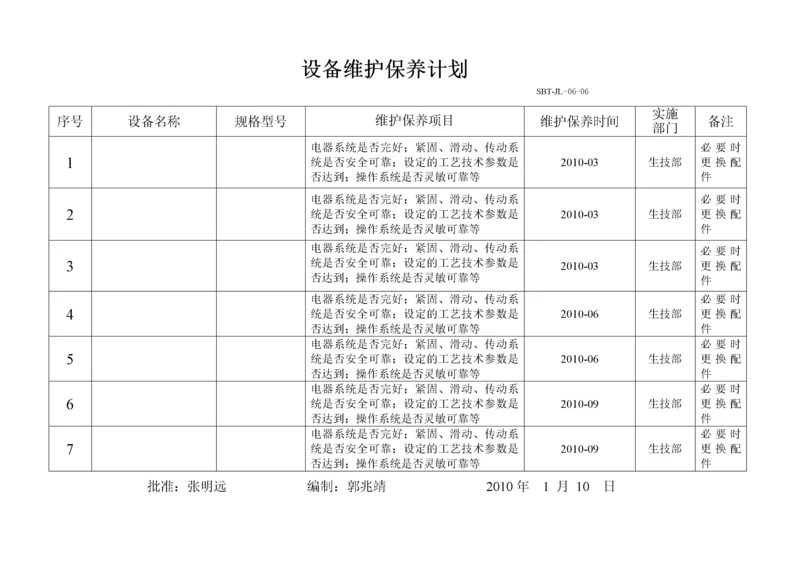 设备维护保养计划和记录.docx