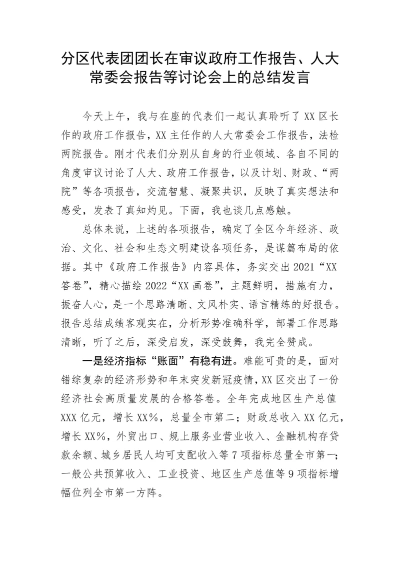 【建团百年】分区代表团团长在审议政府工作报告、人大常委会报告等讨论会上的总结发言.docx