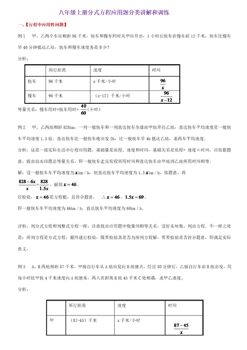 八年级上册分式方程应用题分类讲解与训练直接打印版样稿