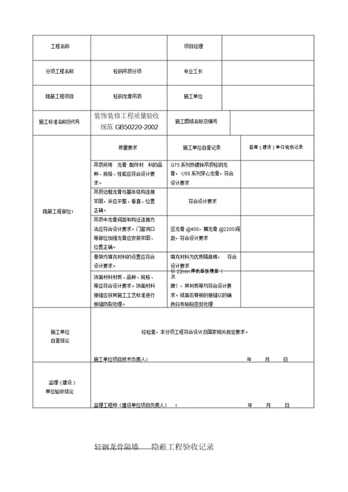 装饰装修隐蔽工程验收记录表(全套范例)