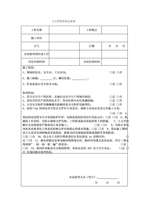 土方开挖旁站记录表