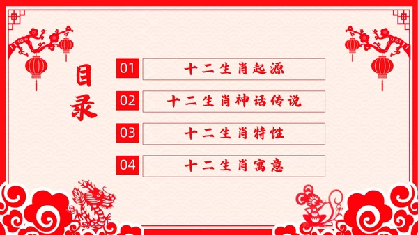 红色剪纸风十二生肖主题班会中国传统文化