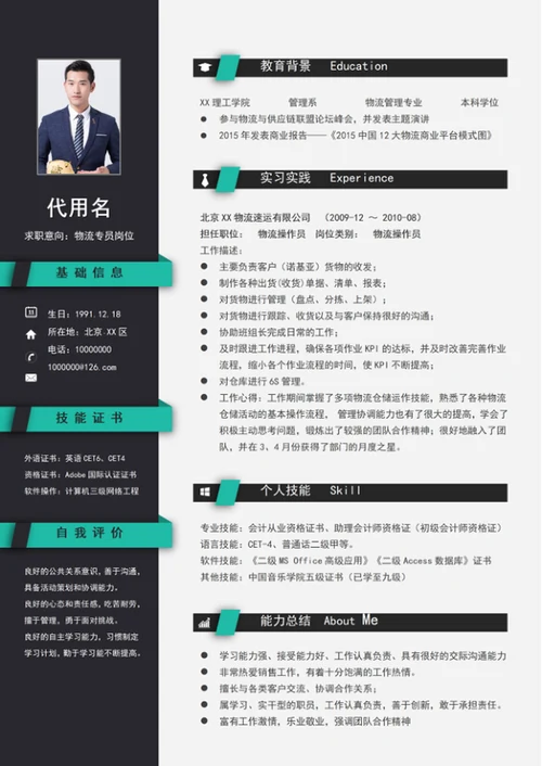 大气物流专员个人简历模板word简历封面