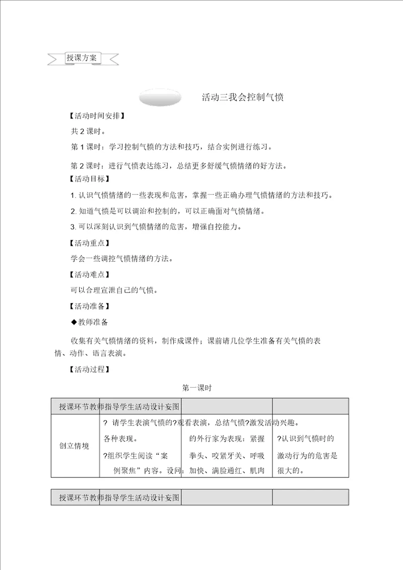 六年级上册综合实践教案1.3我会控制愤怒1沪科黔科版