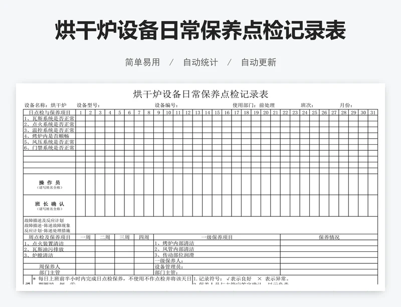 烘干炉设备日常保养点检记录表