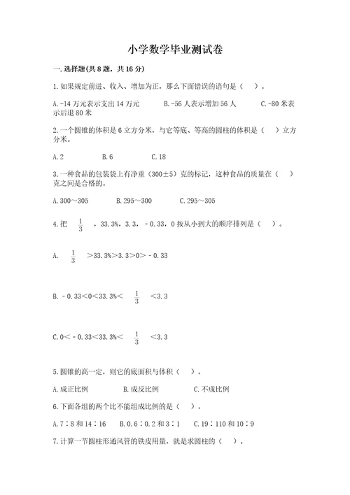 小学数学毕业测试卷精品（名师系列）