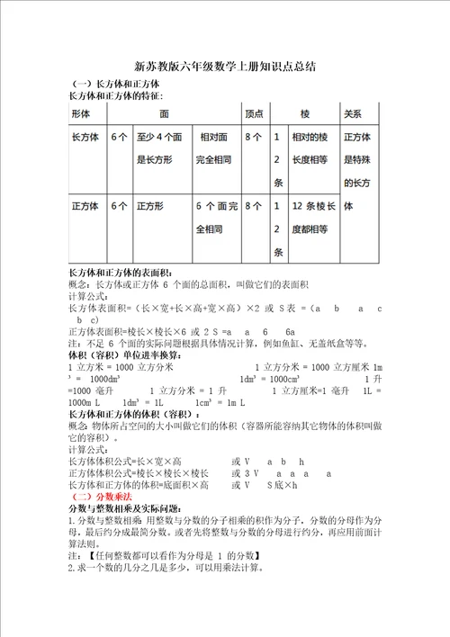 苏教版六年级上册数学知识点