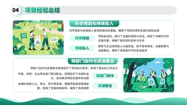 绿色扁平插画环保工作者的项目与成果展示PPT模板