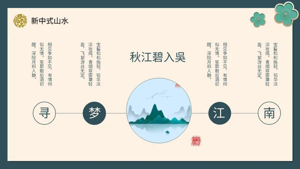 绿色新中式线条形状中国风国风山水古典立体花鸟PPT