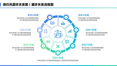 蓝色简约风7项圆环关系图PPT