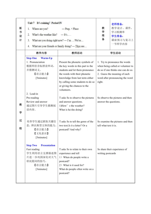 （核心素养目标）Unit 7 It's raining! Section B 2a-2c 表格式教学