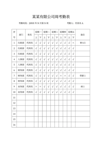 公司员工周考勤表word模板