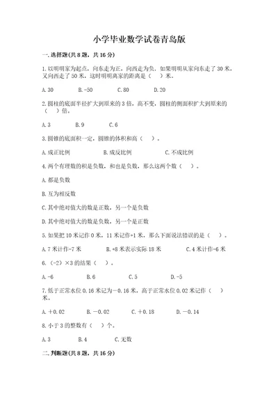 小学毕业数学试卷青岛版附答案（b卷）