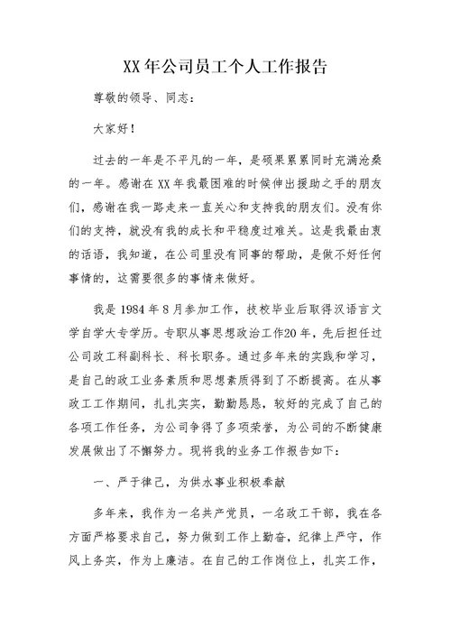 XX年公司员工个人工作报告