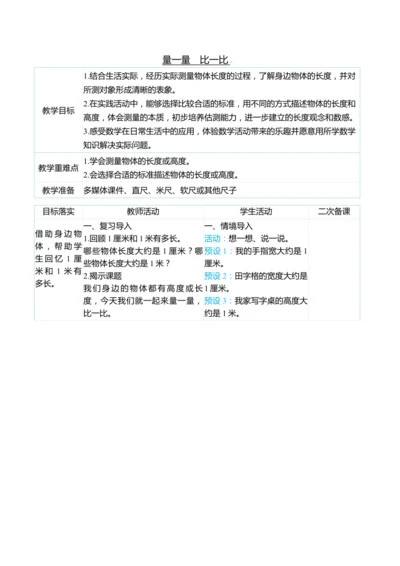 （大单元整体教学）量一量　比一比（表格式）教学设计
