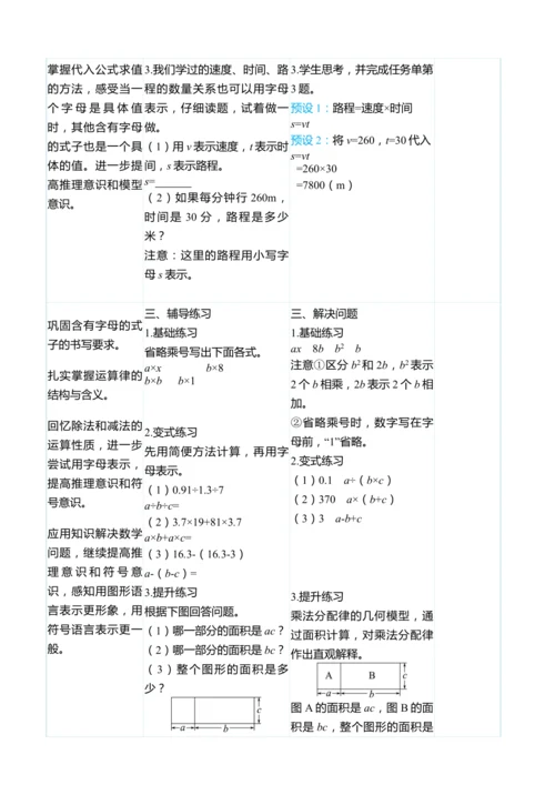 （大单元整体教学）5.2用字母表示运算律和计算公式（表格式）教学设计 人教版 五年级上册数学