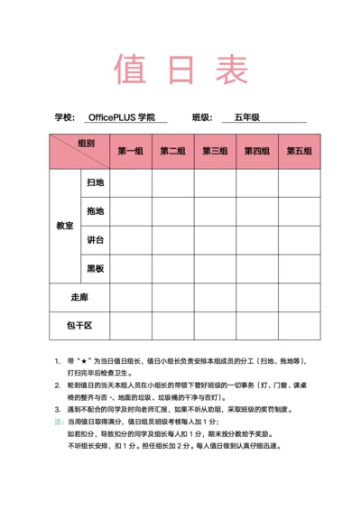 可爱风班级值日表