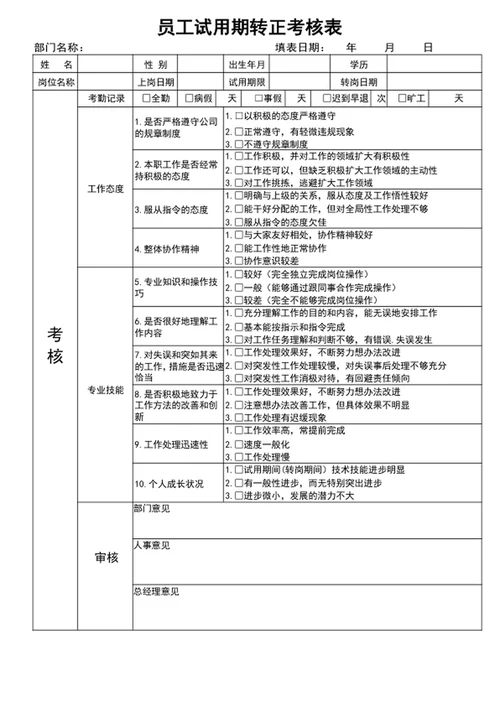 员工试用期转正考核表