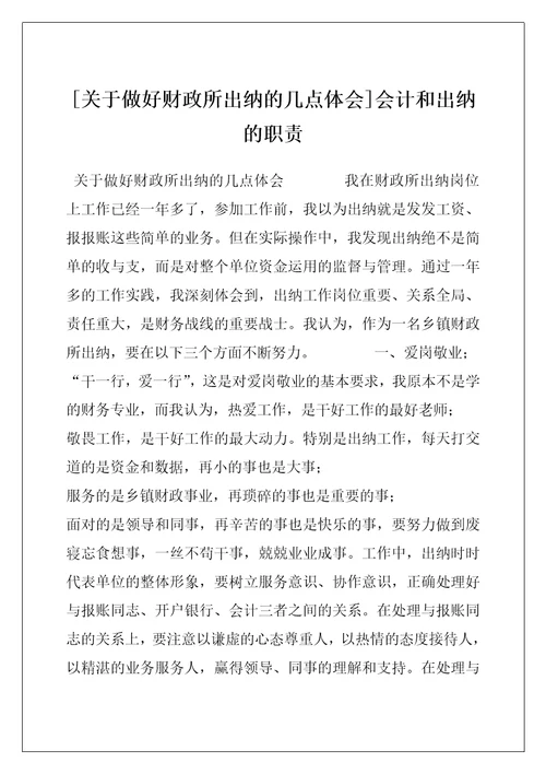 [关于做好财政所出纳的几点体会]会计和出纳的职责