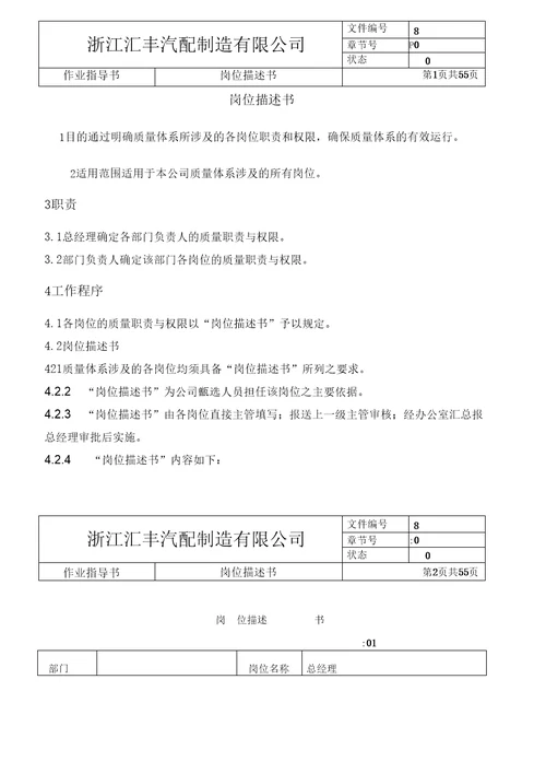 汽配制造各部门岗位描述书