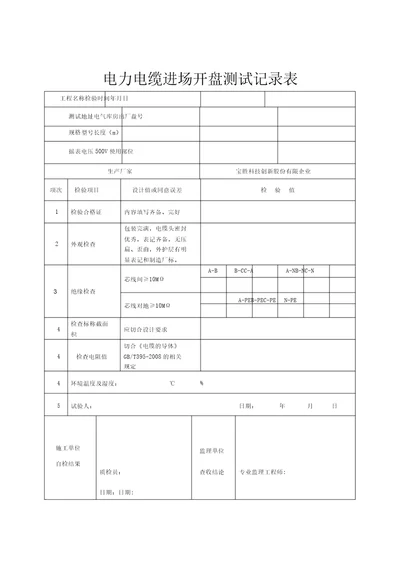 电缆进场单盘测试记录表