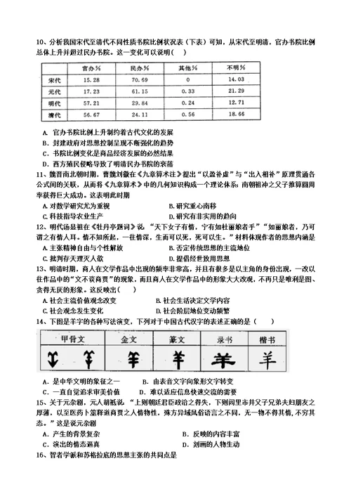 安徽省2017-2018学年高二历史上学期期中试题