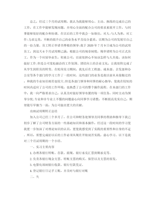 精编之出纳的试用期转正工作总结范文.docx