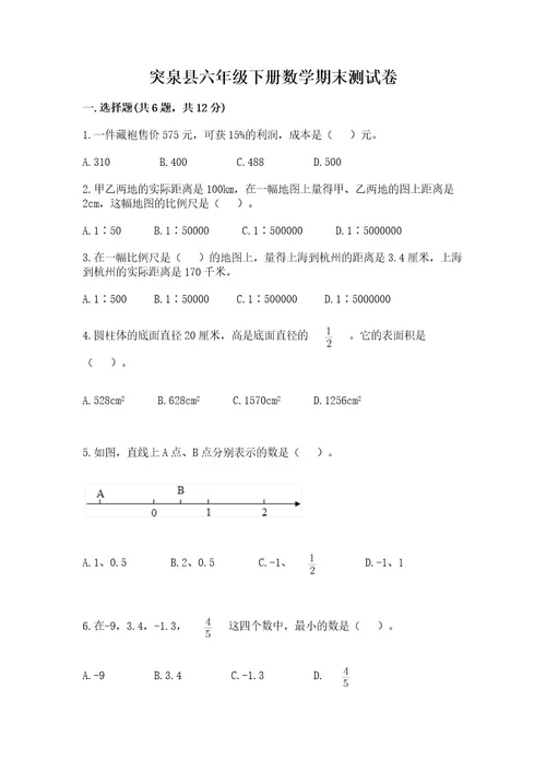 突泉县六年级下册数学期末测试卷（综合题）