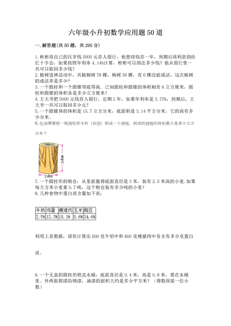 六年级小升初数学应用题50道【满分必刷】.docx
