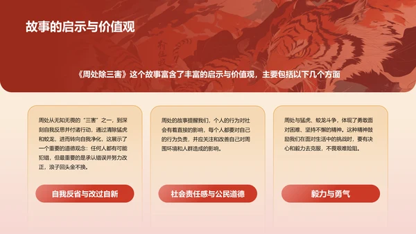 红色国潮风《周处除三害典故》培训课件PPT模板