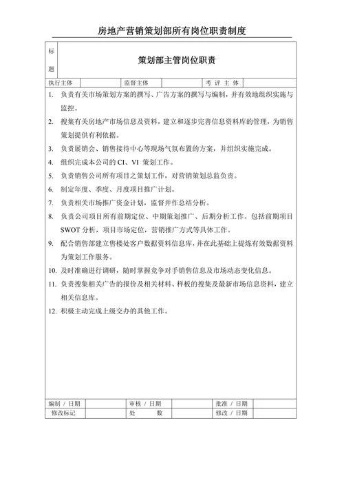 房地产营销策划部岗位职责制度