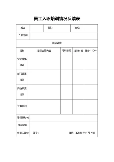 员工培训情况反馈表word模板