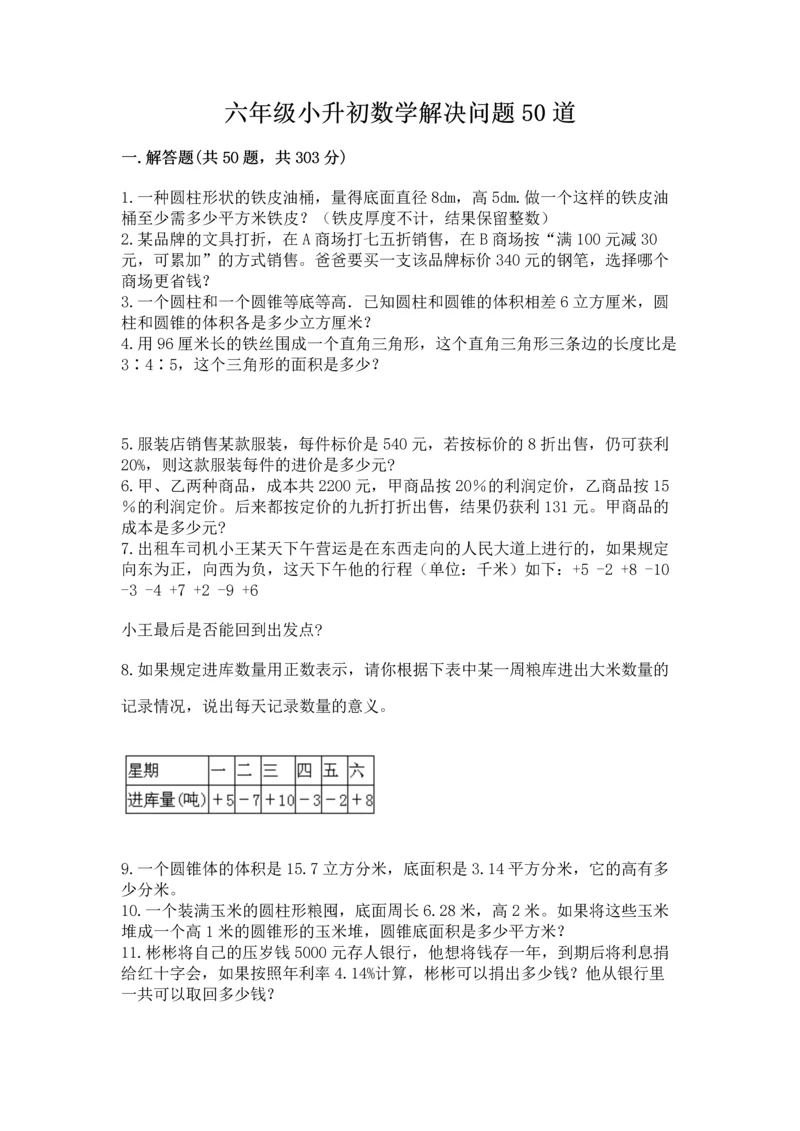 六年级小升初数学解决问题50道精品带答案.docx