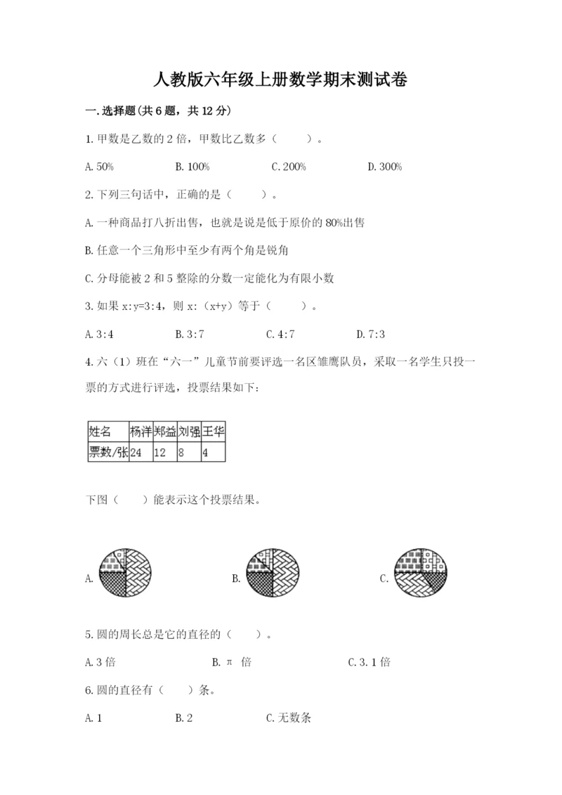 人教版六年级上册数学期末测试卷附答案（综合卷）.docx