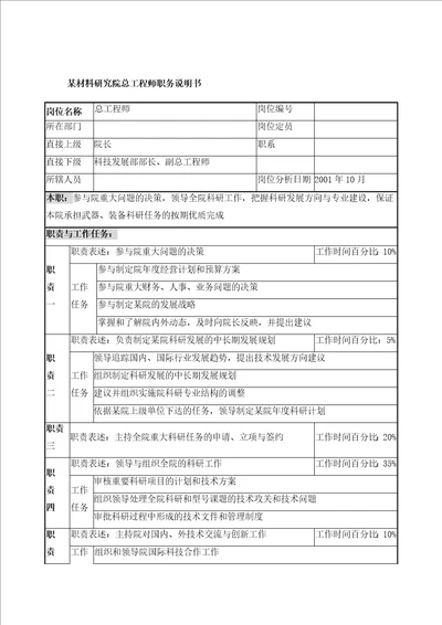 某材料研究院总工程师职务说明书