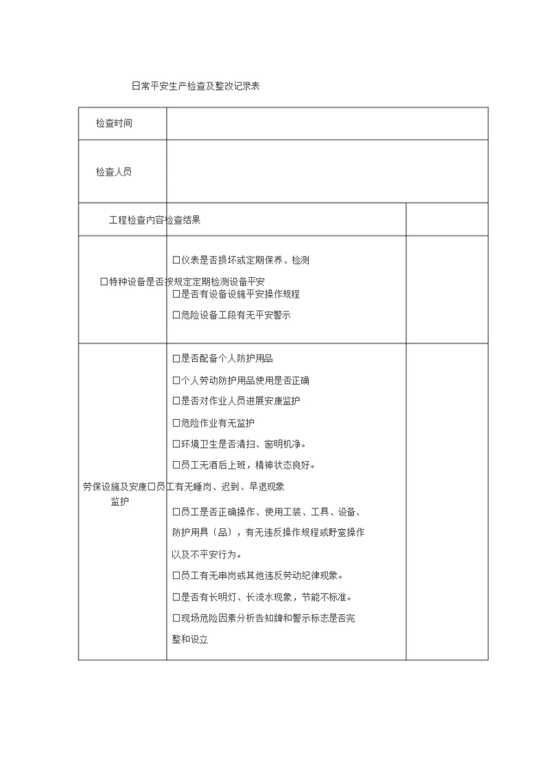 日常安全生产检查记录表