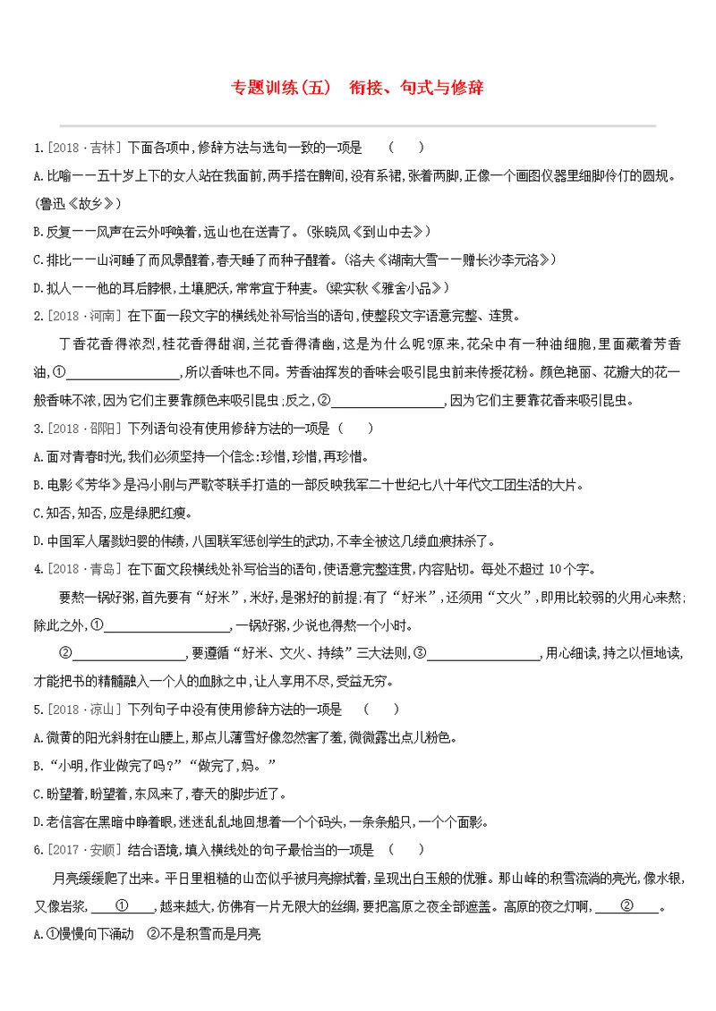 江西省2019年中考语文总复习第一部分语言知识及其运用专题训练05衔接句式与修辞