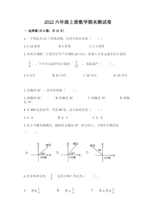 2022六年级上册数学期末测试卷及完整答案【典优】.docx