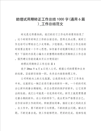 助理试用期转正工作总结1000字通用6篇工作总结范文