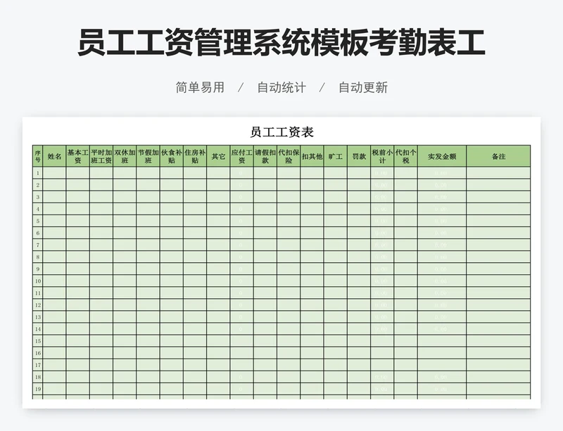 员工工资管理系统模板考勤表工资表模版