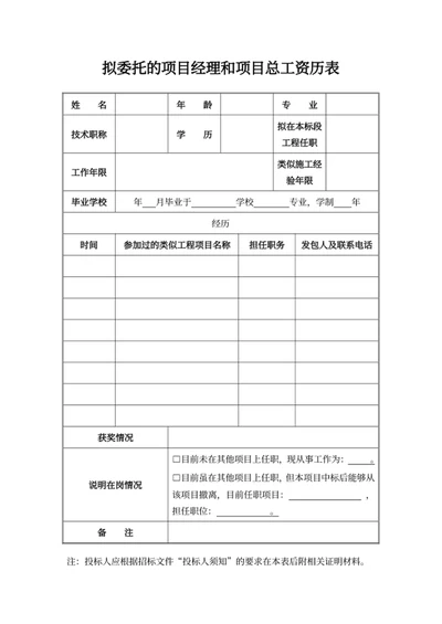 拟委托的项目经理和项目总工资历表